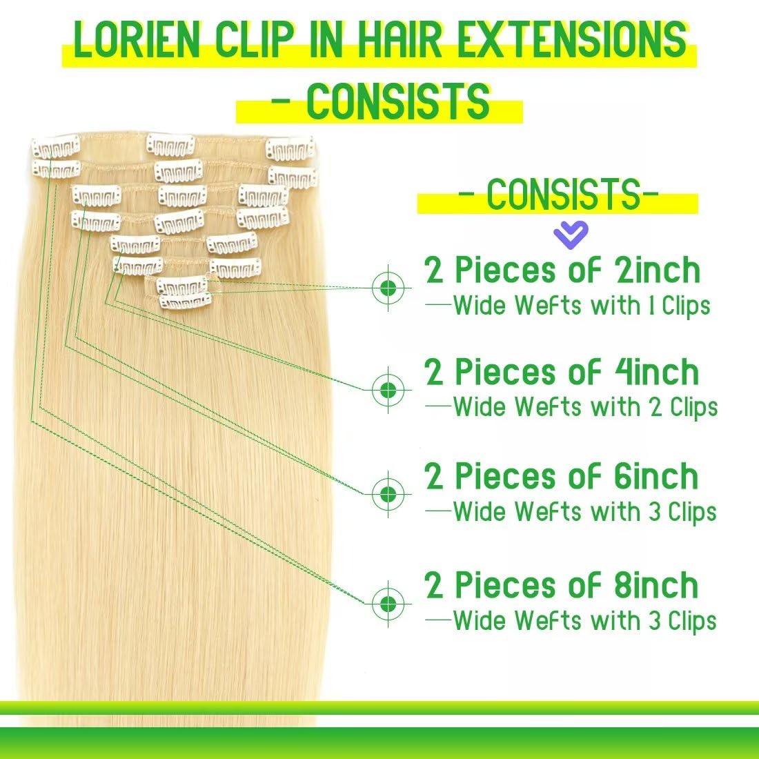 LORIEN 20 Inch Blonde Clip in Hair Extensions Real Human Hair 80g Clip in 100% Human Hair Extensions 8pcs Per Set with 18Clips Double Weft #613 Blonde Color