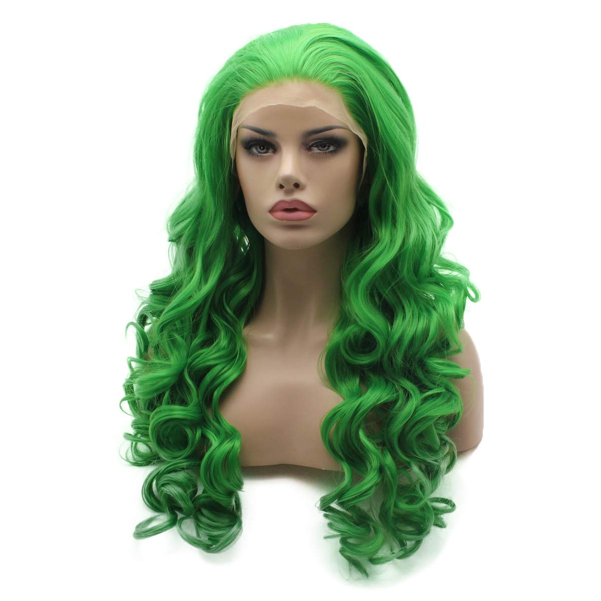 Lushy Fashion Wavy Long Green Half Hand Tied Heat Resistant Heavy Density Synthetic Lace Front Wig