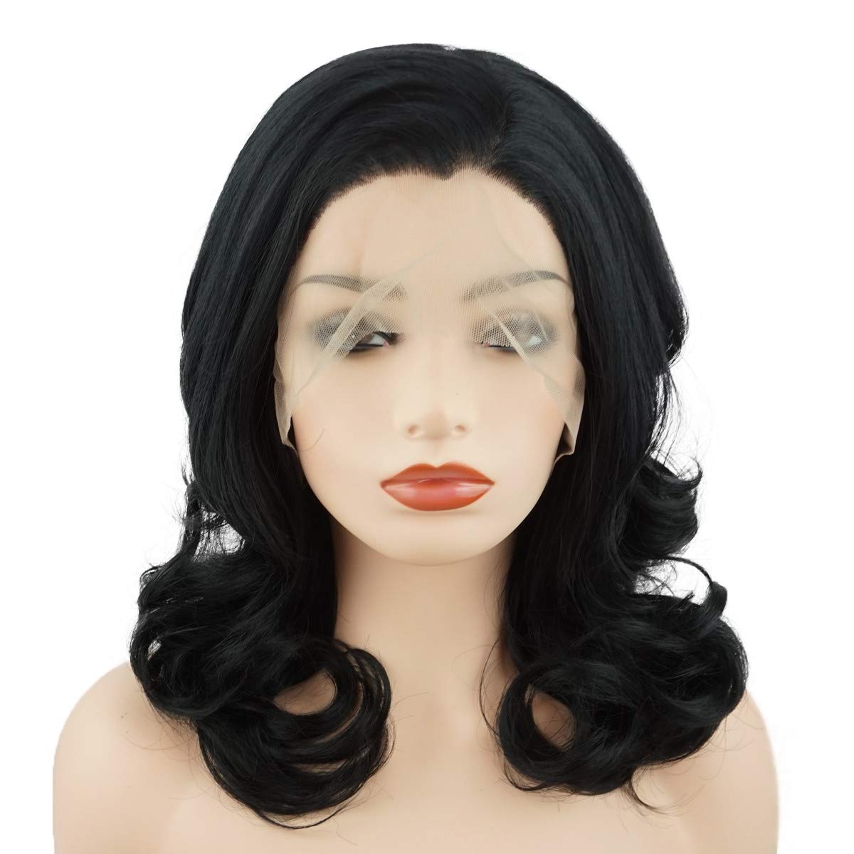 Meiyite Hair Wavy Shoulder Length 16inch Black Half Hand Tied Heavy Density Realistic Synthetic Lace Front Wig