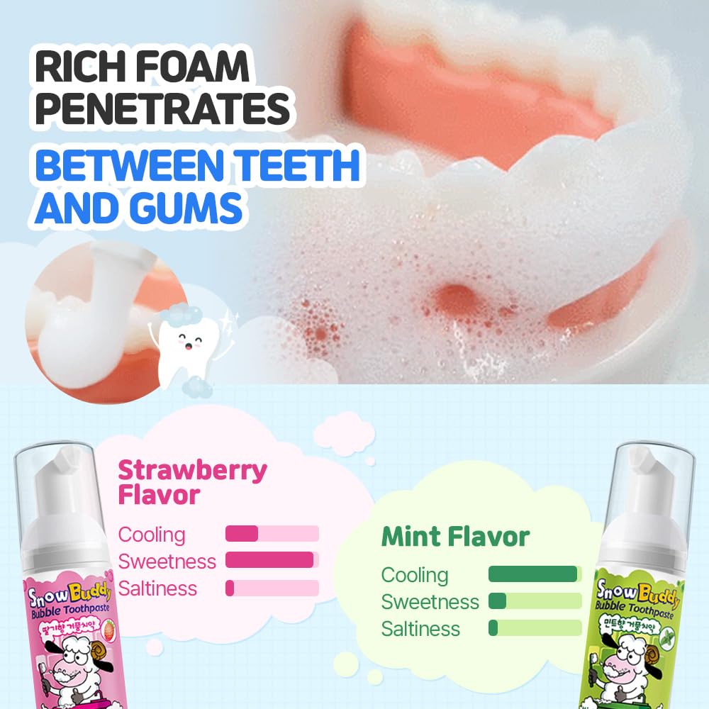 SnowBuddy Kids Foam Toothpaste - Mint, Grape, and Strawberry Flavors - Low-Fluoride and Fluoride-Free Options - 1 Pack and 3 Pack Variations Available (Pack of 3, Strawberry)