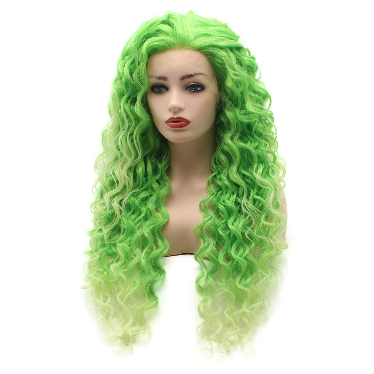 Meiyite Hair Curly Long 26inch Two Tone Green Ombre Heavy Density Realistic Synthetic Lace Front Wigs