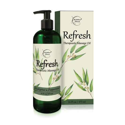 Refresh Massage Oil with Eucalyptus & Peppermint Essential Oils - Great for Massage Therapy. All Natural Massage Oil for Sore Muscles. Ideal for Full Body Massage – Nut Free Formula 16oz