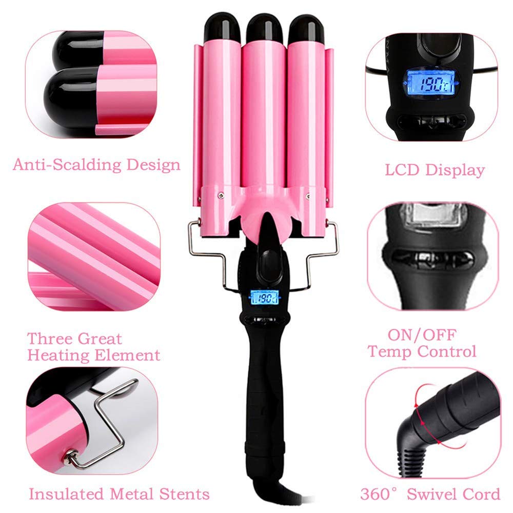 3 Barrel Curling Iron Wand 1 inch Ceramic Tourmaline Triple Barrels Beach Hair Waver Curler for Deep Waves,LCD Temperature Display Crimper Fast Heating Hair Curlers Adjustable from 80℃ to 210℃