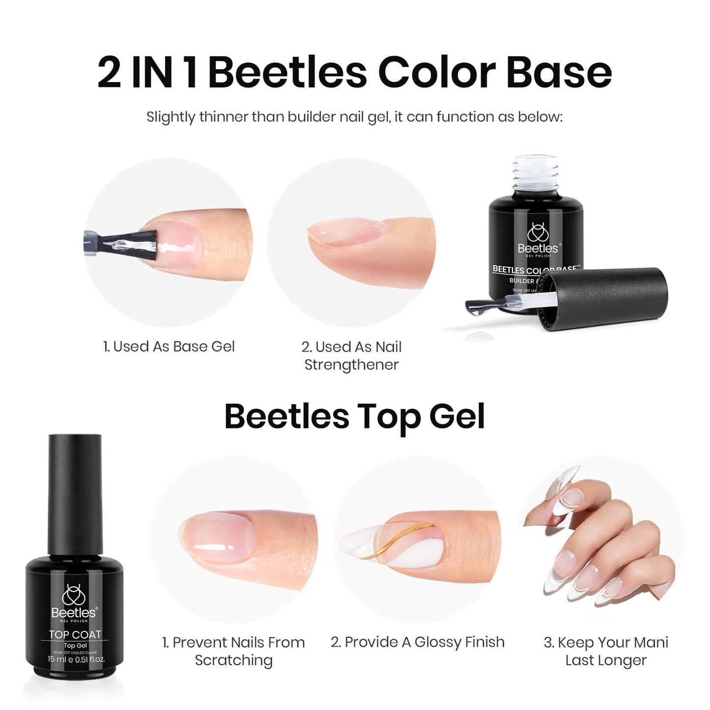 beetles Gel Polish 2 in 1 Builder Gel Set, 2Pcs 15ml Gel Base and Top Coat Builder Nail Gel Set Soak Off UV LED for Nail Art Long Lasting DIY Home and Salon Manicure Use