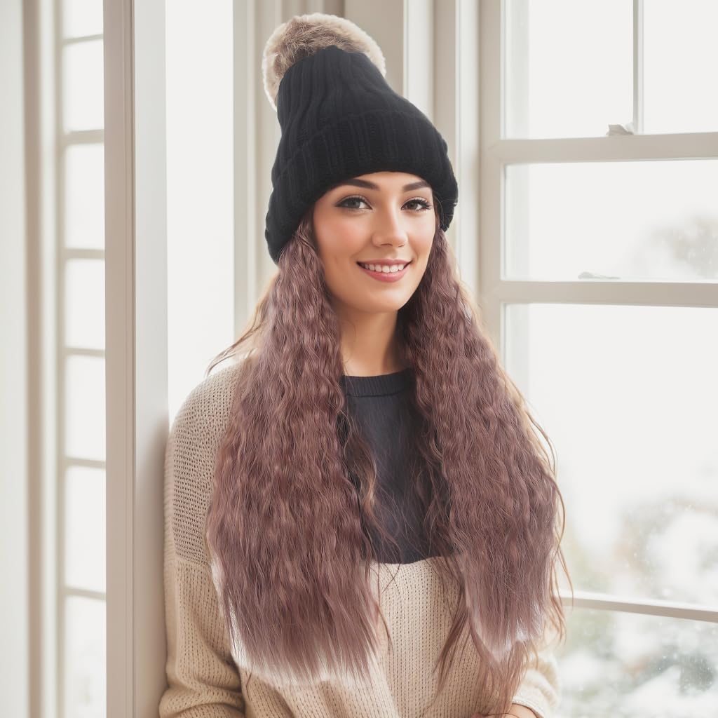 STfantasy Long Purple Wavy Curly Hair Extensions Knit with Beanie Hat 26inch Heat Resistant Synthetic Wig Sewing Hairpiece Warm Pom for Women Winter Daily Wear