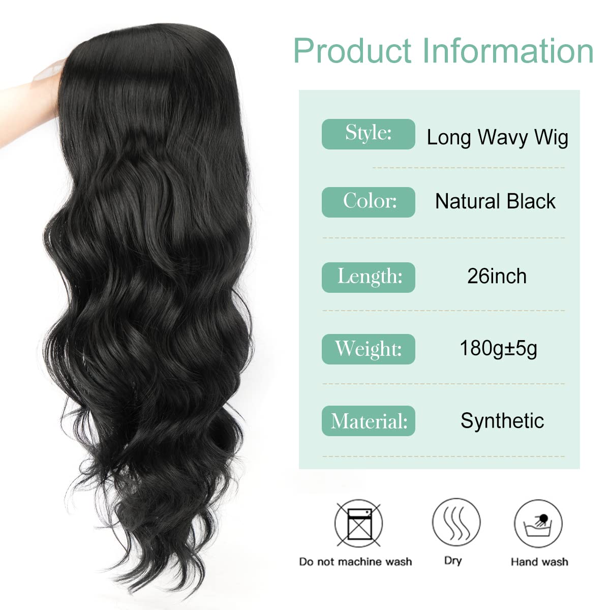 Halcyon Long Black Wavy Wigs for Women 26 inch Synthetic Middle Part Long Black Curly Wig Natural Looking Heat Resistant Fiber Wig for Daily Use