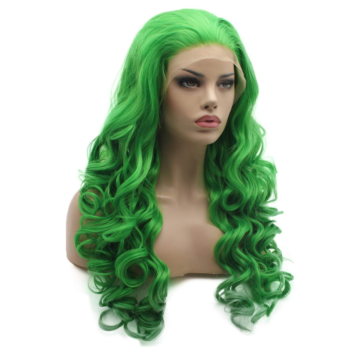 Lushy Fashion Wavy Long Green Half Hand Tied Heat Resistant Heavy Density Synthetic Lace Front Wig