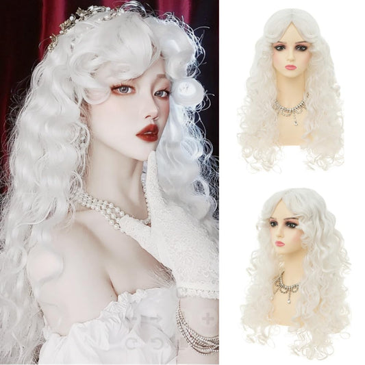 Dai Cloud White Long Curly Wigs for Women With bangs Synthetic Queen Princess Middle Part Hair Wig for Cosplay