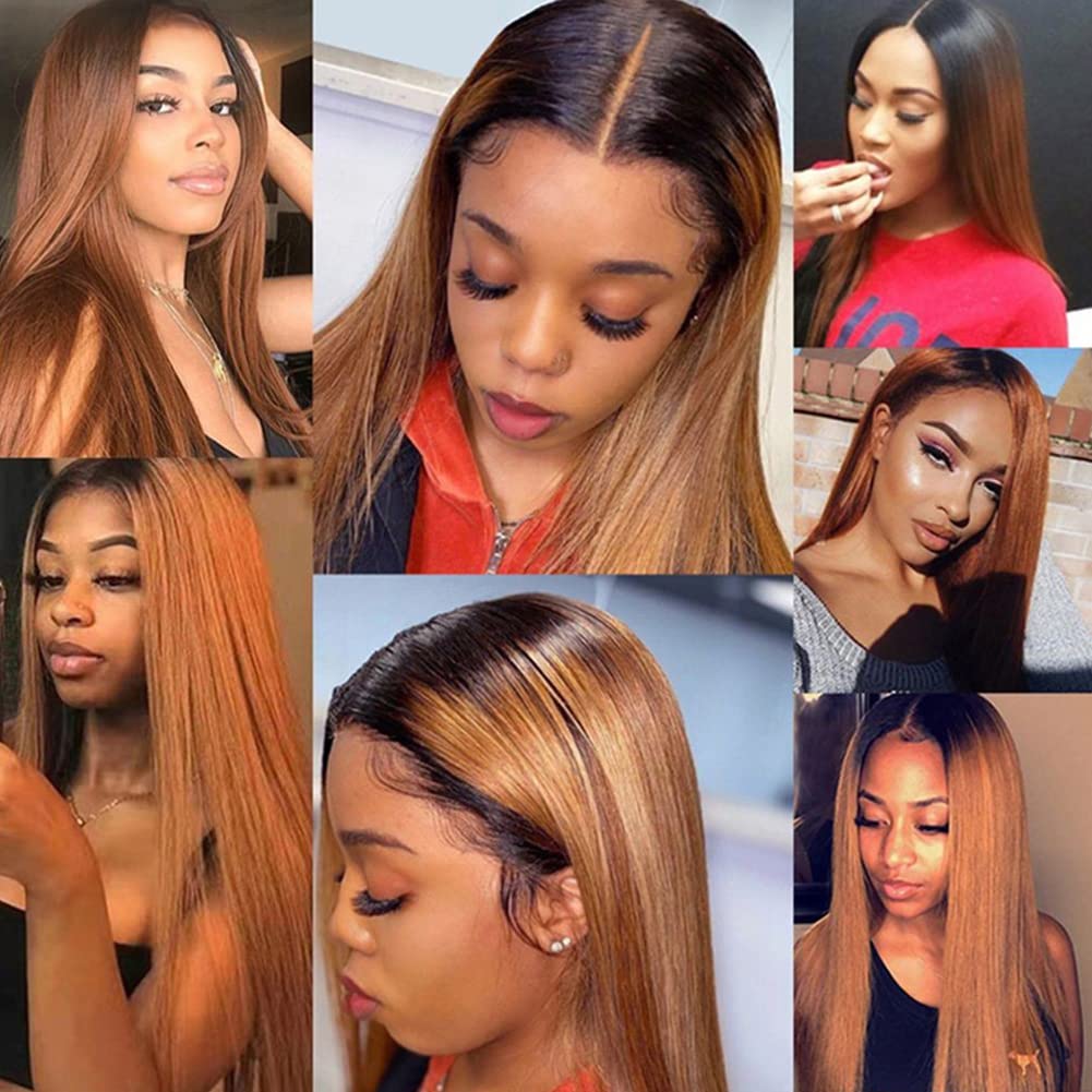 JOEDIR HAIR Ombre Brown Straight Lace Front Wig for Black Women Brazilian Virgin Human Hair 13x4x1 T Part HD Lace Frontal Wigs Pre Plucked with Baby Hair 150% Density (14 Inch, TT1B/30)