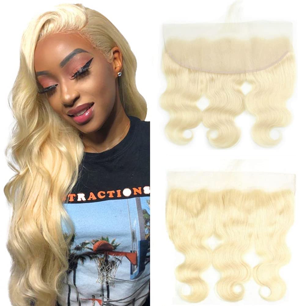 UNEED 613 Frontal 13x4 613 HD lace Frontal Blonde Transparent Lace Frontal Closure Free Part Ear To Ear Brazilian Virgin Remy Body Wave Human Hair Pre Plucked with Baby Hair Blonde Color 12 Inch