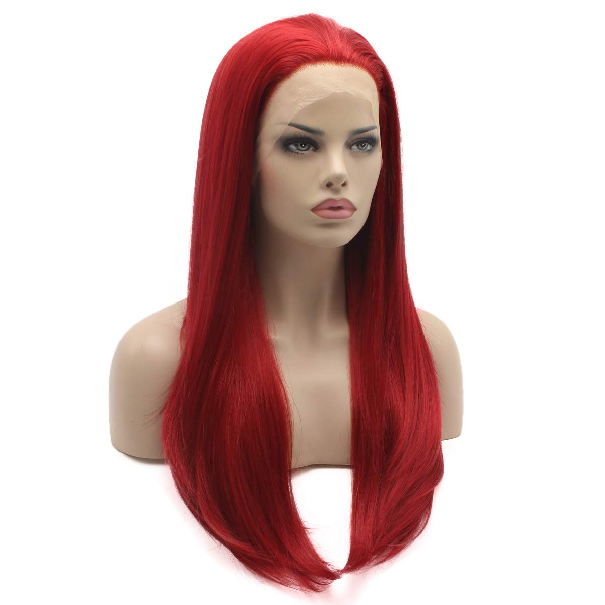 Lushy Beautiful Straight Long Red Half Hand Tied Heat Friendly Heavy Density Synthetic Lace Front Wig