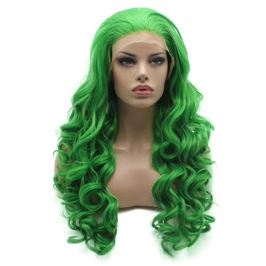 Lushy Fashion Wavy Long Green Half Hand Tied Heat Resistant Heavy Density Synthetic Lace Front Wig