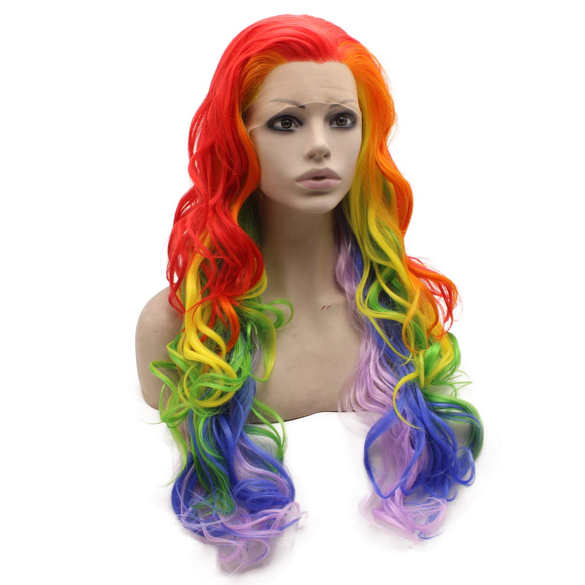 Mxangel Long Colorful Rainbow Ombre Heat Friendly Fiber Lace front Cosplay Party Wig