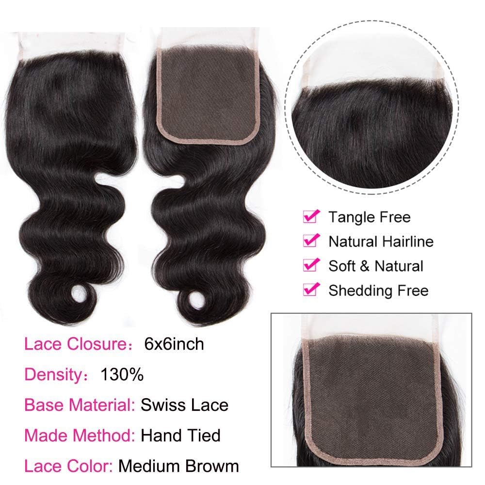 4x4 Transparent HD Lace Closure Only Body Wave Hair Closure Invisible Lace Closure 12A Brazilian Virgin Remy Human Hair Lace Closure Pre Plucked with Baby Hair Natural Black (22 Inch)