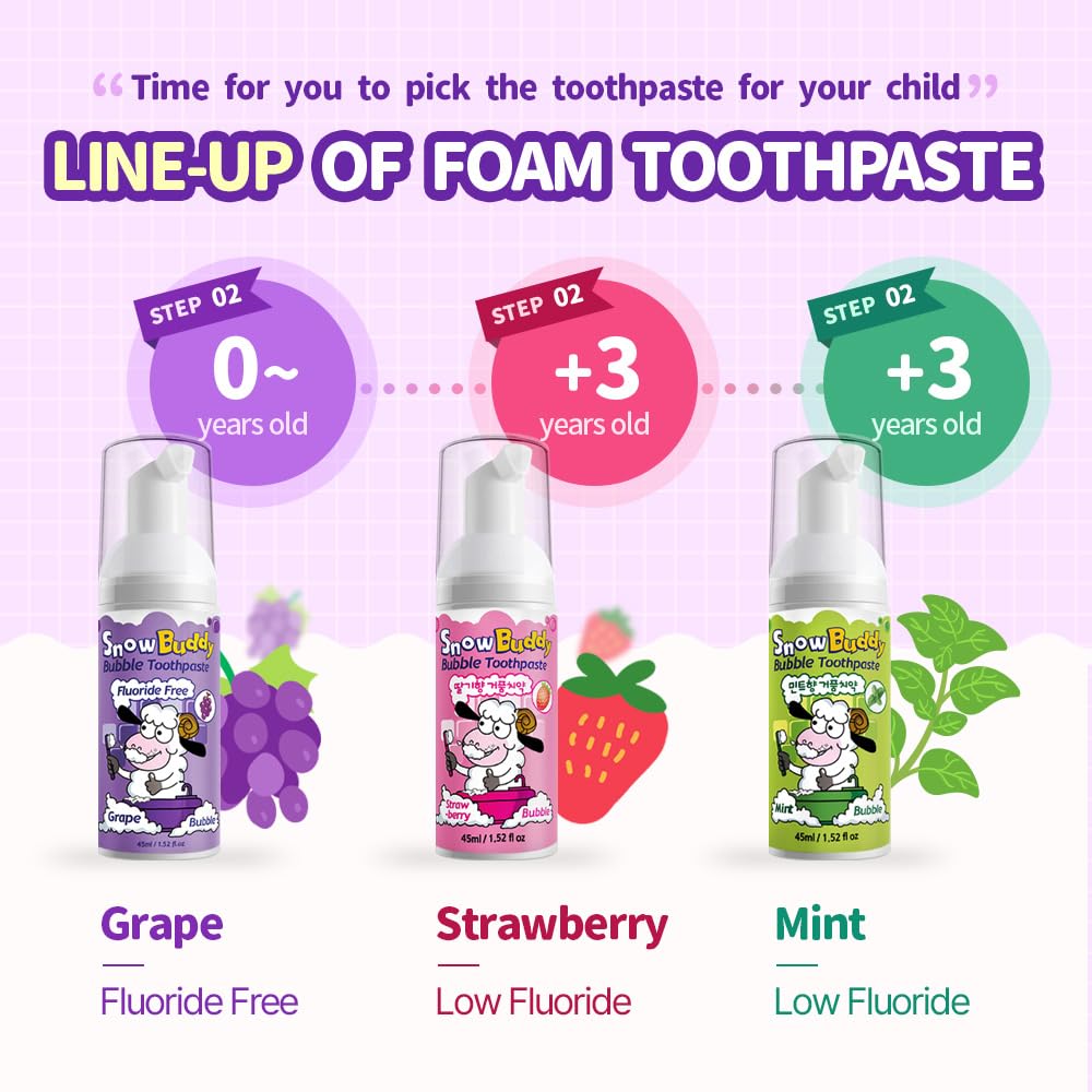 SnowBuddy Kids Foam Toothpaste - Mint, Grape, and Strawberry Flavors - Low-Fluoride and Fluoride-Free Options - 1 Pack and 3 Pack Variations Available (Pack of 3, Strawberry)