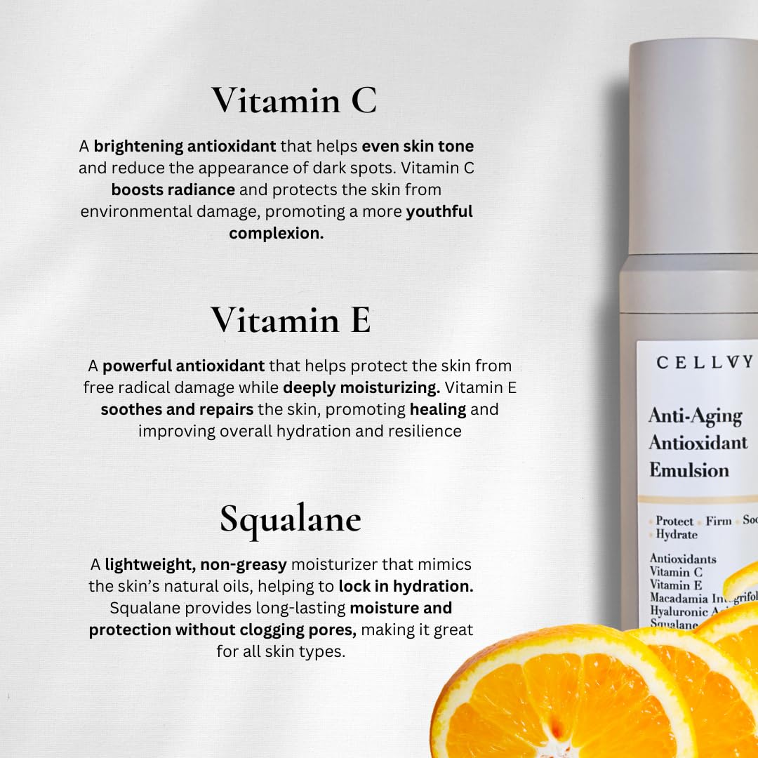 CELLVY Anti-Aging Antioxidant Emulsion with Hyaluronic Acid, Vitamin C & E, Hydrating, Nourishing, & Firming Face Lotion, Smooths Fine Lines & Wrinkles and Boosts Collagen Production