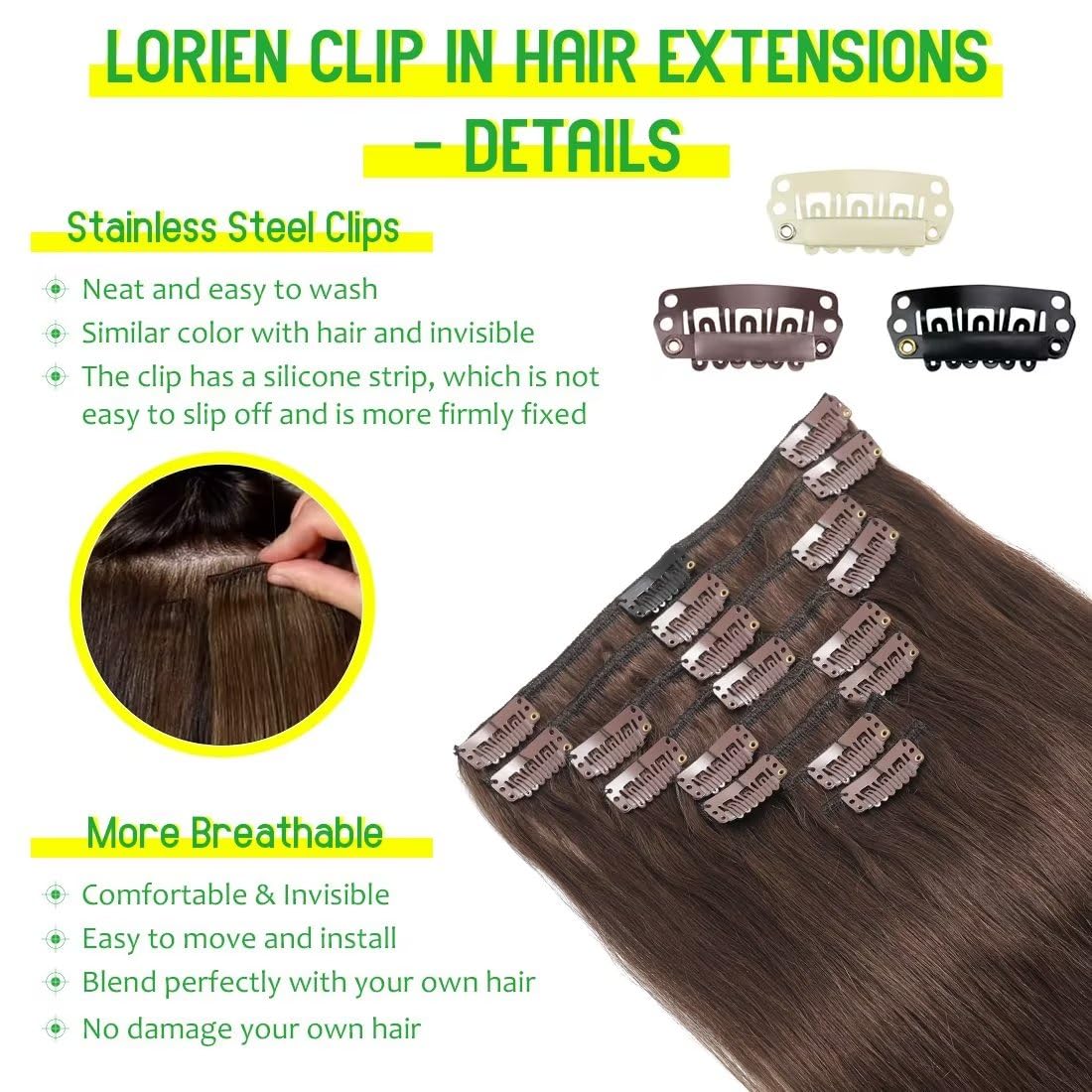 LORIEN Clip in Hair Extensions Real Human Hair, Premium Natural Brown Human Hair Clip in Extensions Double Weft, Soft Hair Extensions Real Human Hair Clip ins Straight (22 Inch 90g #4 Dark Brown)