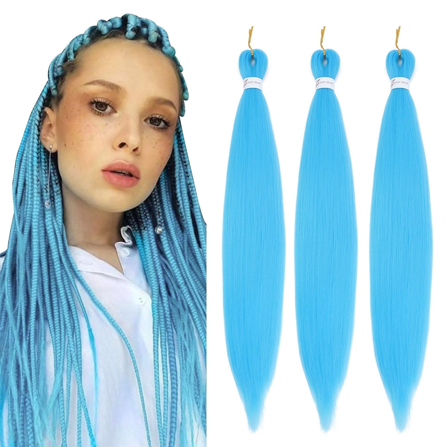 Braiding Hair Pre Stretched - 26 Inch Pre Stretched Braiding Hair Sky Blue Braiding Hair Soft Yaki Texture 3 Packs Crochet Hair Extensions Braids for Black Women (26 Inch(3Packs), Sky Blue)