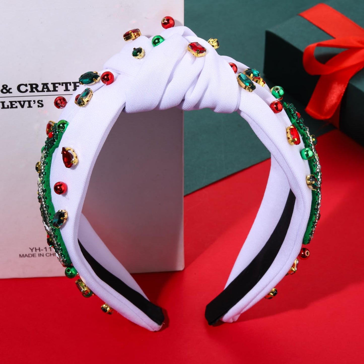 Christmas Tree Knotted Headband for Women Pearl Rhinestone Jewelry Christmas Tree Beaded Hairband Winter Holliday Wide Knot Headband Christmas Party Favors Gifts