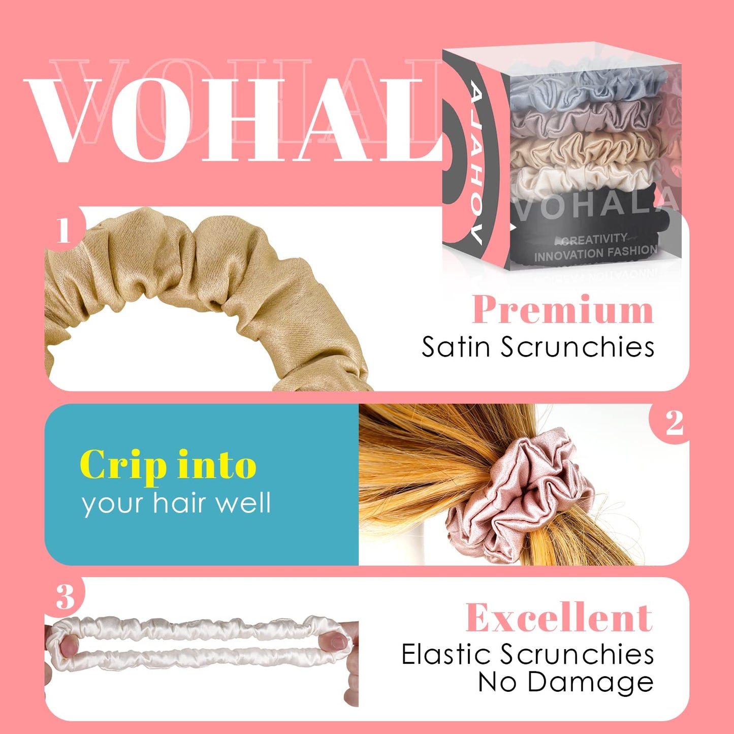 VOHALA 30 Momme Mulberry Small Silk Scrunchies, 5PCS Skinny Silk Scrunchies for Hair & 2PCS Strong Hair Ties Ponytail Holder, Total 7PCS No Damage Luxury Hair Ties for Women (Black+Blue+Pink+Champagne+Beige)