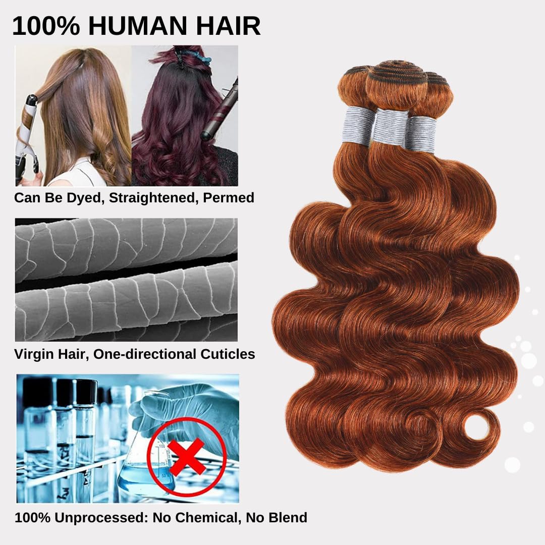 ALHER Reddish Brown Bundles Body Wave Bundles Human Hair Red Brown Colored 10A Brazilian Virgin Remy Wavy Hair Bundles Auburn Brown Copper Red Soft Thick Sew In Hair Weave Bundle 33B Color 22 Inch