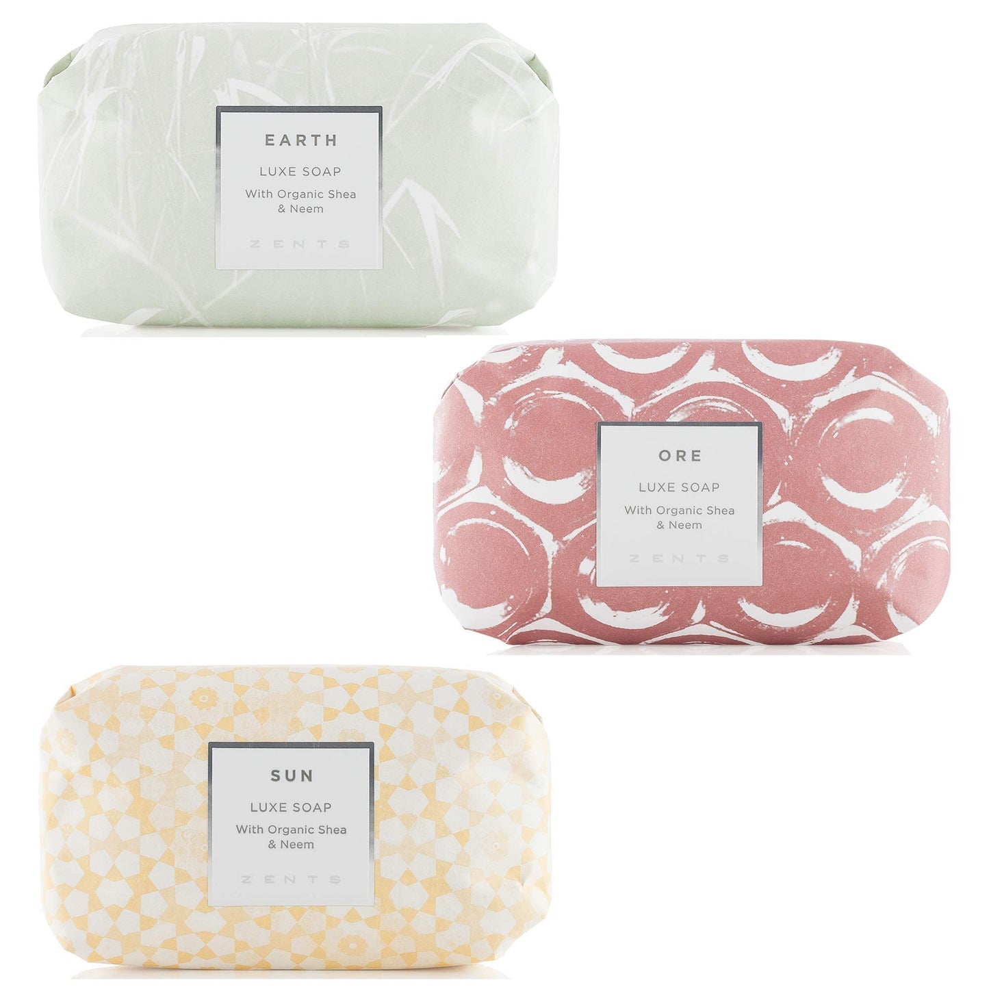 Zents Luxe Moisturizing Soap Bar Trio (Earth, Ore, Sun), Triple Milled Shea Butter & Coconut Oil, Body & Hand, 5.7 oz ea