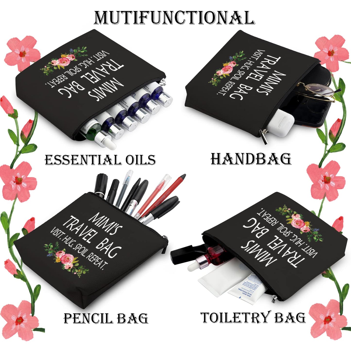 WCGXKO Mimi Gift Mimi Mother's Day Gift Grandma Birthday Gift Travel Gift Cosmetics Bag (MIMI'S TRAVEL black)