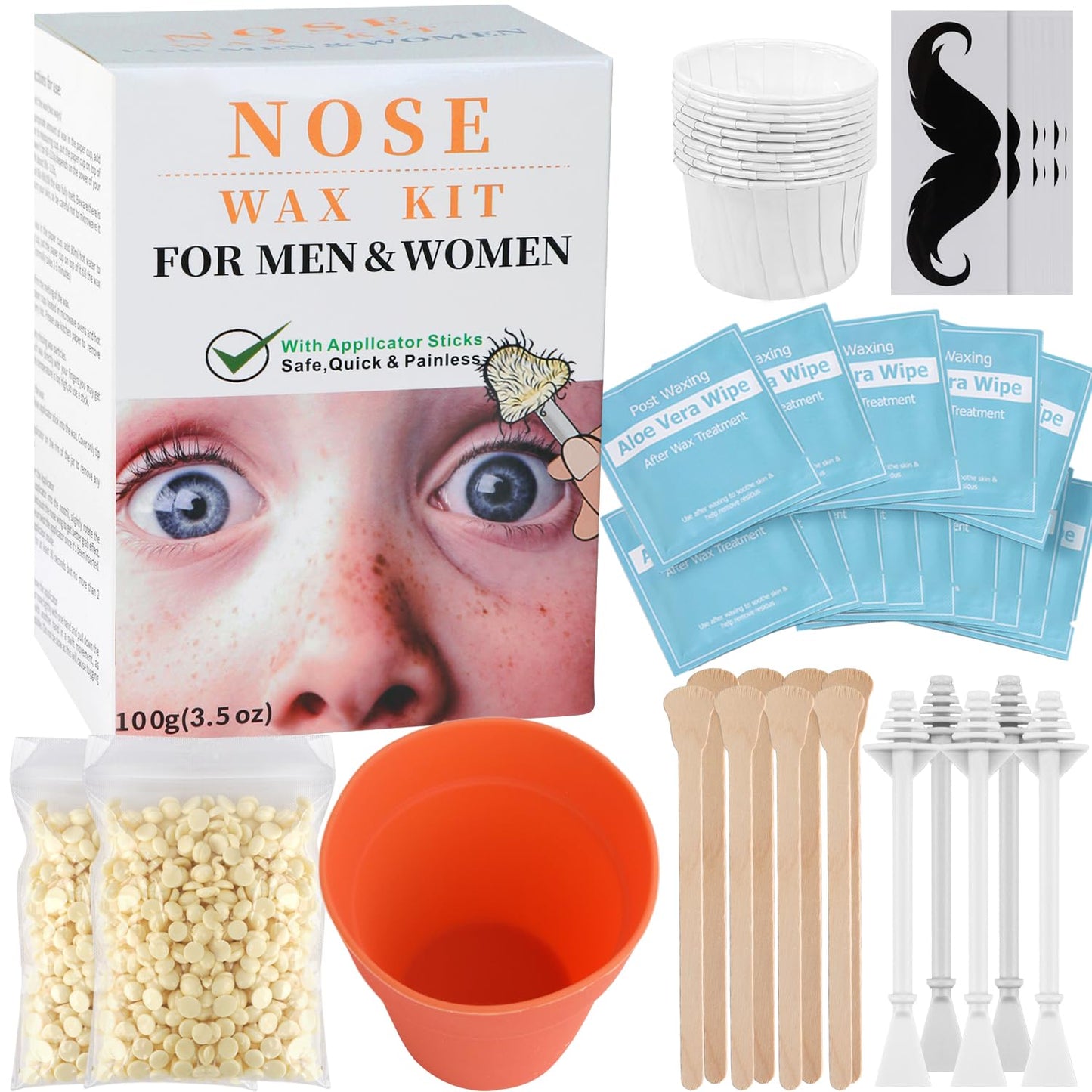 100g Wax Nose Wax Kit, Nose Hair Wax for Hair Removal with 30 Applicators (15 Times). Nose Hair Waxing Kit for Men and Women, 10 Mustache Guards 15 Wipes Quick & Easy Painless Ear Nose Hair Removal