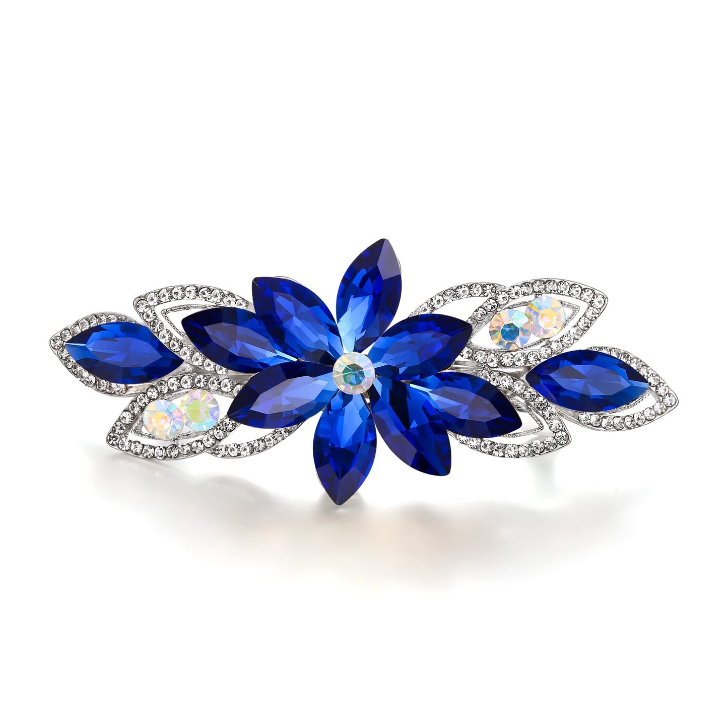 EVER FAITH Wedding Rhinestone Flower Leaf Hair Barrette Clip, Elgant Marquise Crystal Hair Accessories for Women Blue Silver-Tone