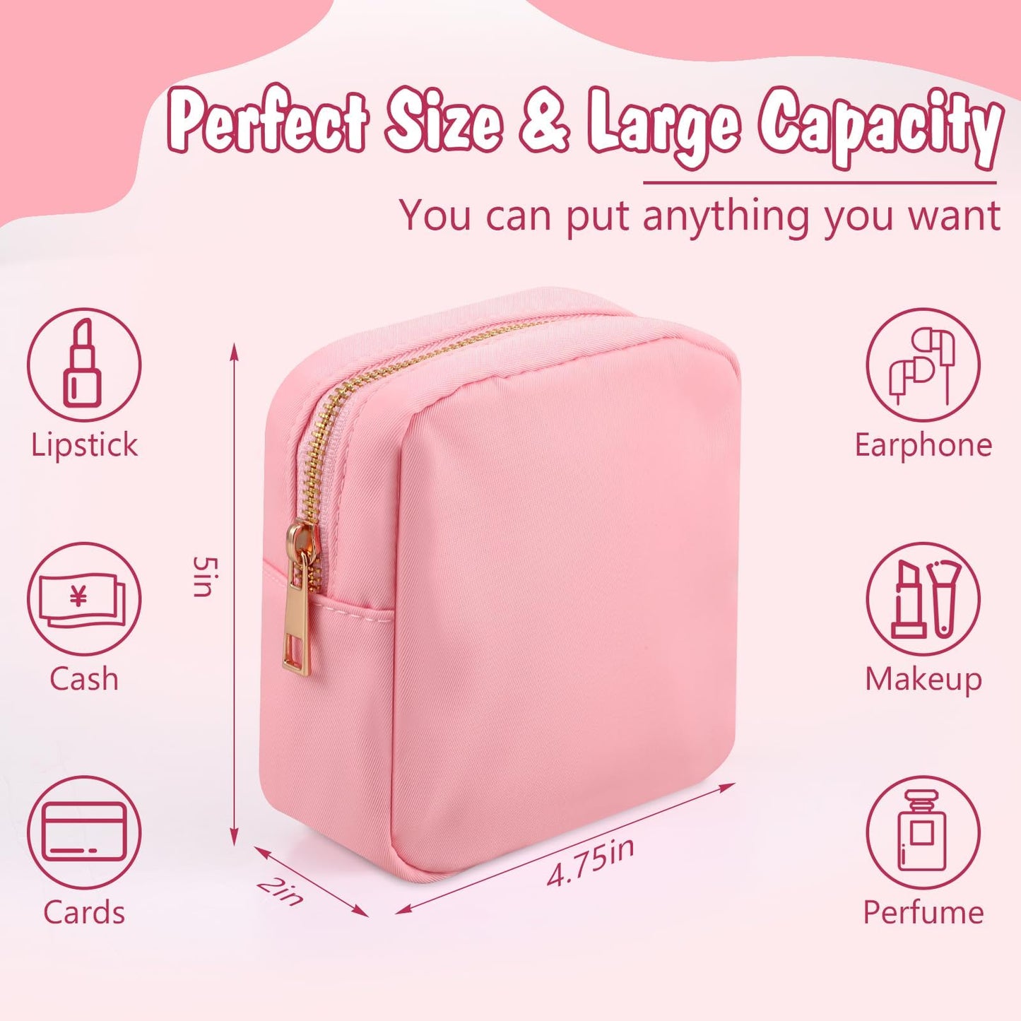 YESMET Nylon Makeup Bag, Small Makeup Bag for Purse Travel Cosmetic Pouch with Zipper, Waterproof Toiletry Bag Personalized Make Up Bag, Ideal Gifts for Girlfriend, Women, Teen Girls (Deep Pink)