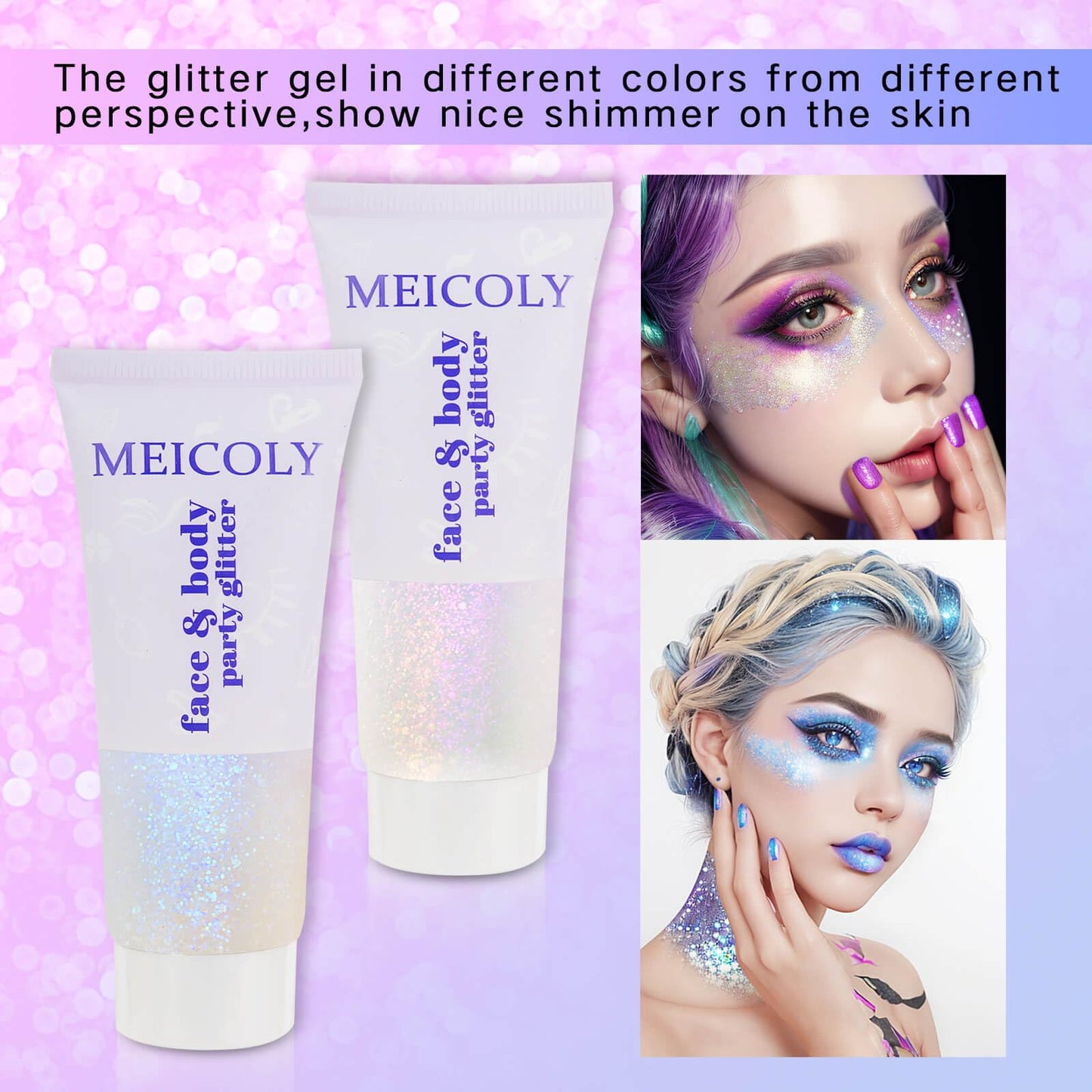 MEICOLY Sparkling Blue Body Glitter,Holographic Face Glitter Gel,Color Changing Glitter Gel for Body,Face,Hair,Lip,Eye,Long Lasting Sequins Glitter Face Paint Glitter Makeup,50ml