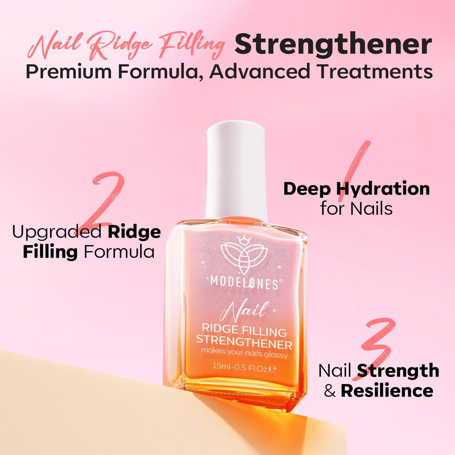 modelones 15ml 8-in-One Nail Ridge Filler Strengthener Base Coat Nail Polish Repair Nail Growth Treatment for Thin and Damaged Nails, Pink Glow