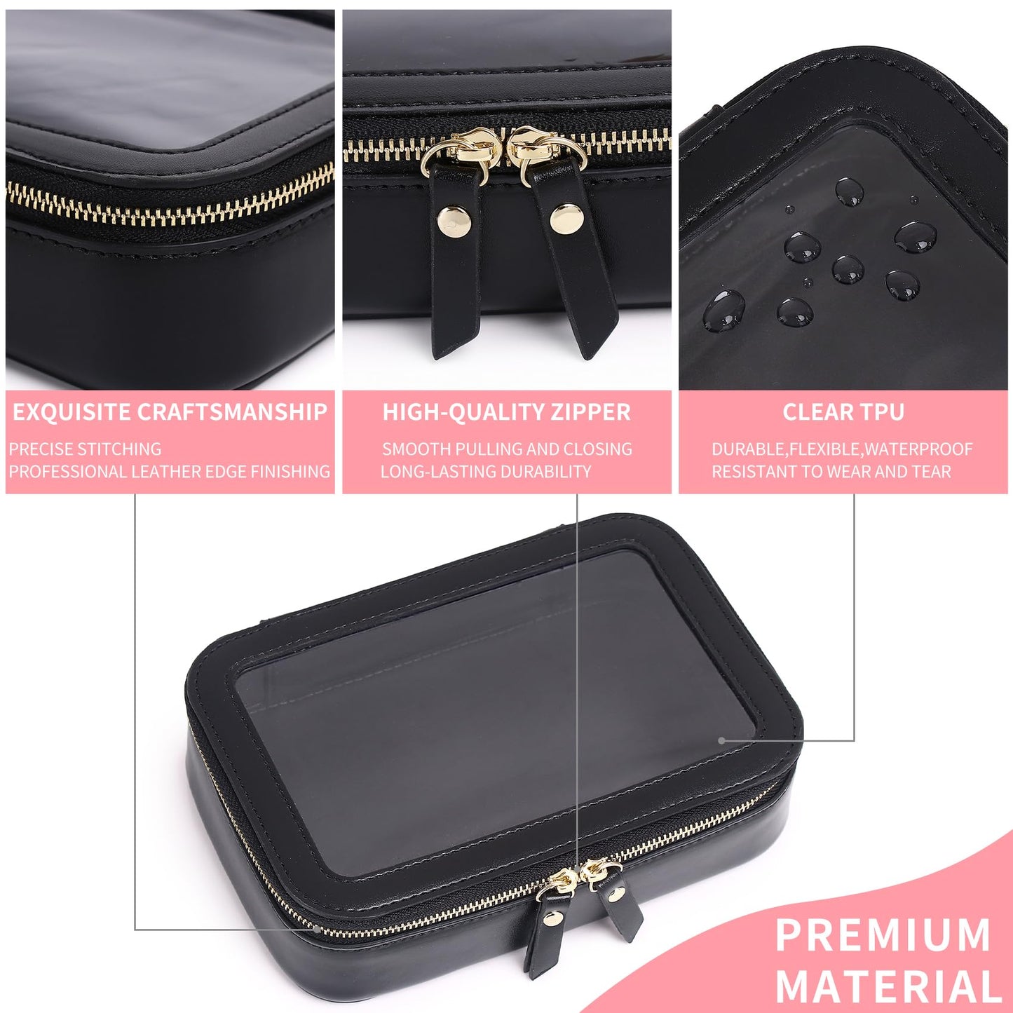 Pinkmik Clear Makeup Bag Travel Case Portable transparent Cosmetic Bag Case Clear Travel Toiletry Makeup Bag for Car with Zipper for Women (L/Black, M)