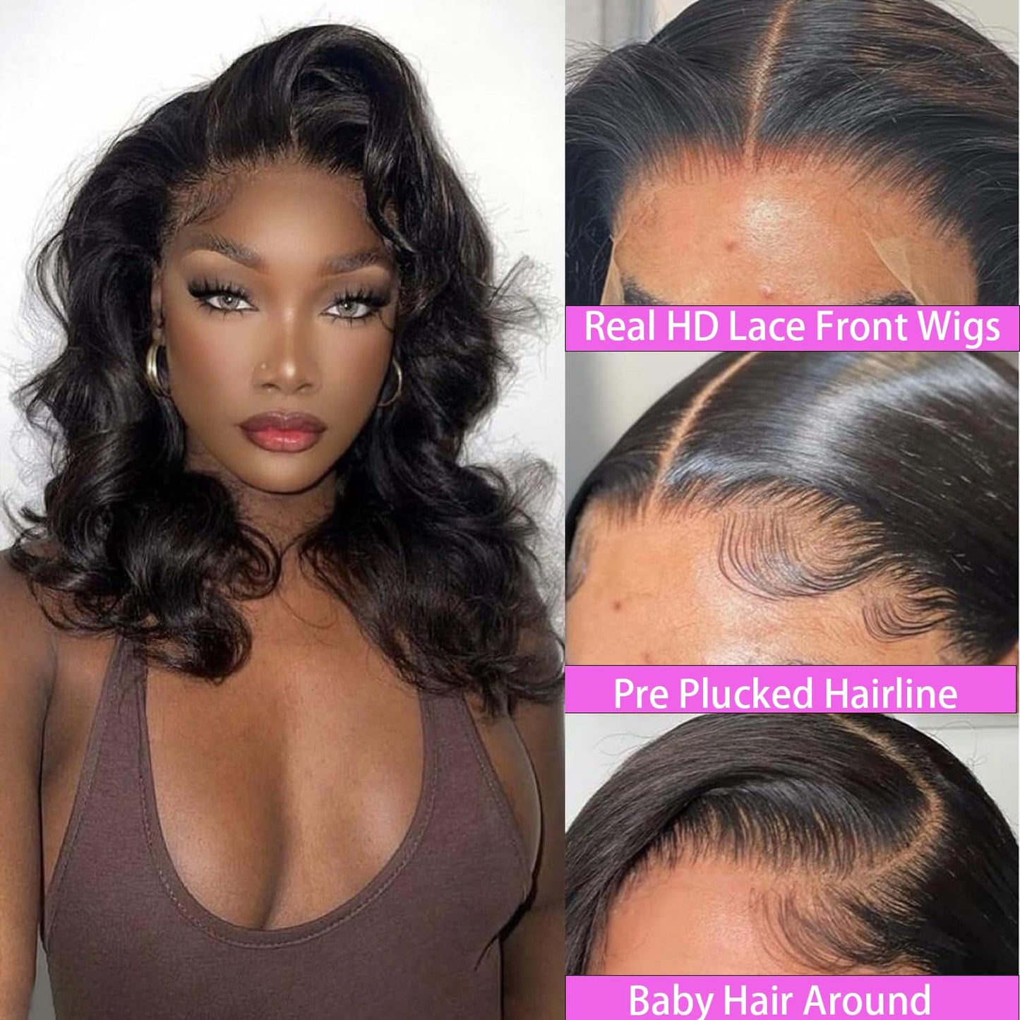 Ying Guan 250% Density 13x4 Lace Front Wigs Human Hair Pre Plucked Glueless Wigs for Women Body Wave Bob Lace Frontal Wear and Go Wigs for Beginners Brazilian Virgin Human Hair Wig 10 Inch