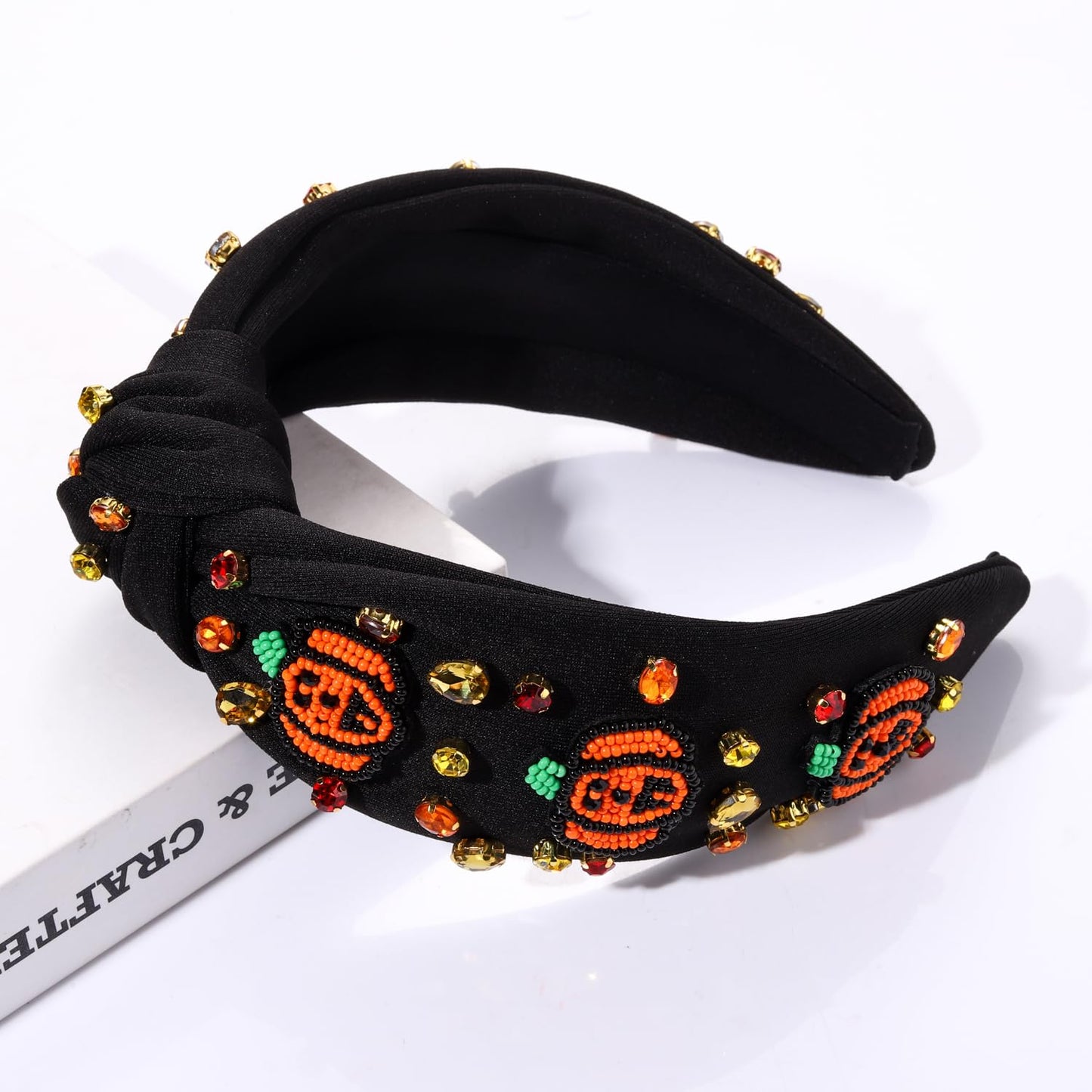 MOLOCH Halloween Headband Spooky Beaded Pumpkin Knotted Headband Jeweled Crystal Embellished Headband Black Halloween Costume Headwear Hair Accessories