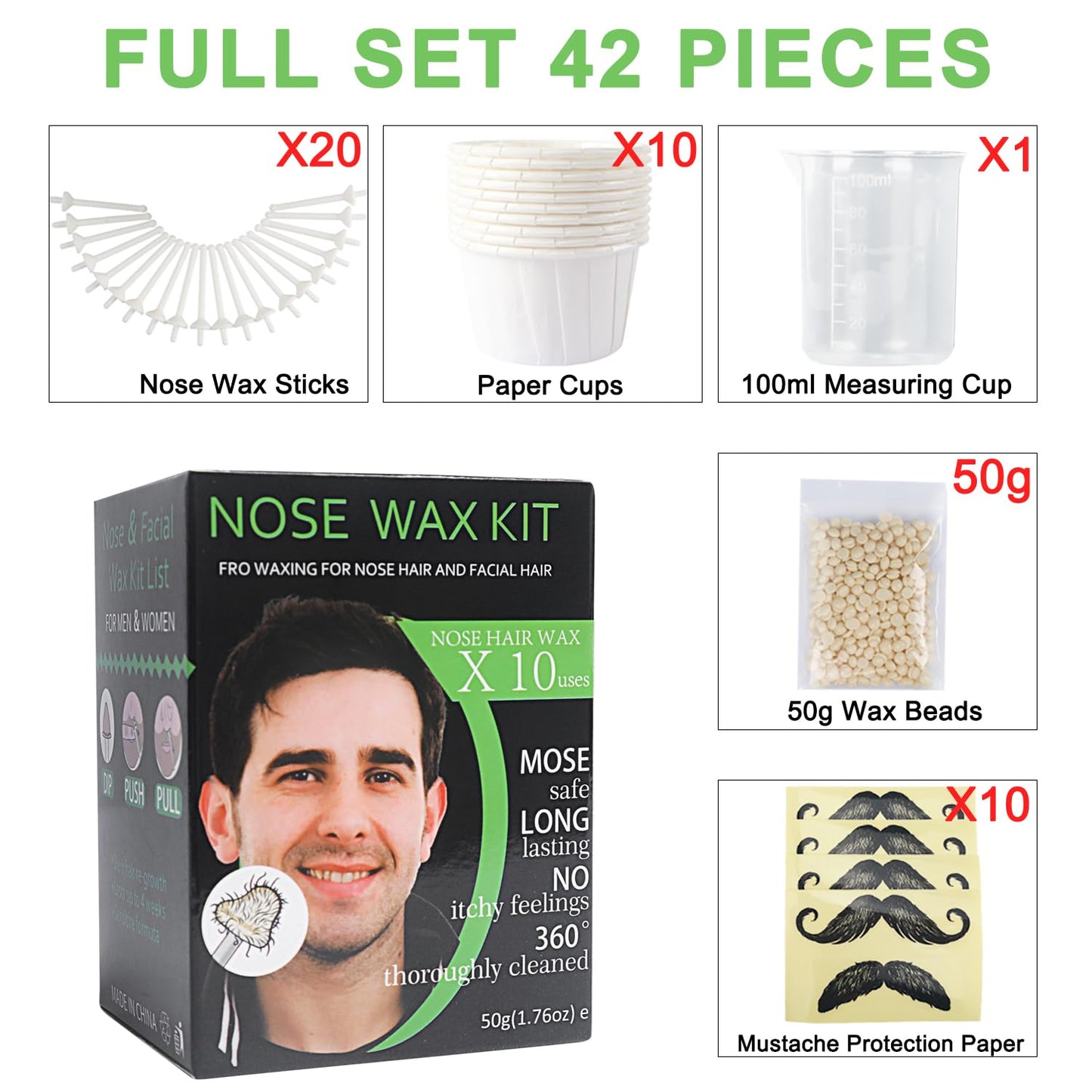 BLUETOP Nose Wax Kit for Men Women, Nose Waxing Kit Nose Ear Hair Instant Removal Kits with 50g Wax Beads 20 Applicators (10 times) 10 Paper Cups 10 Mustache Guards, Safe Easy Quick & Painless