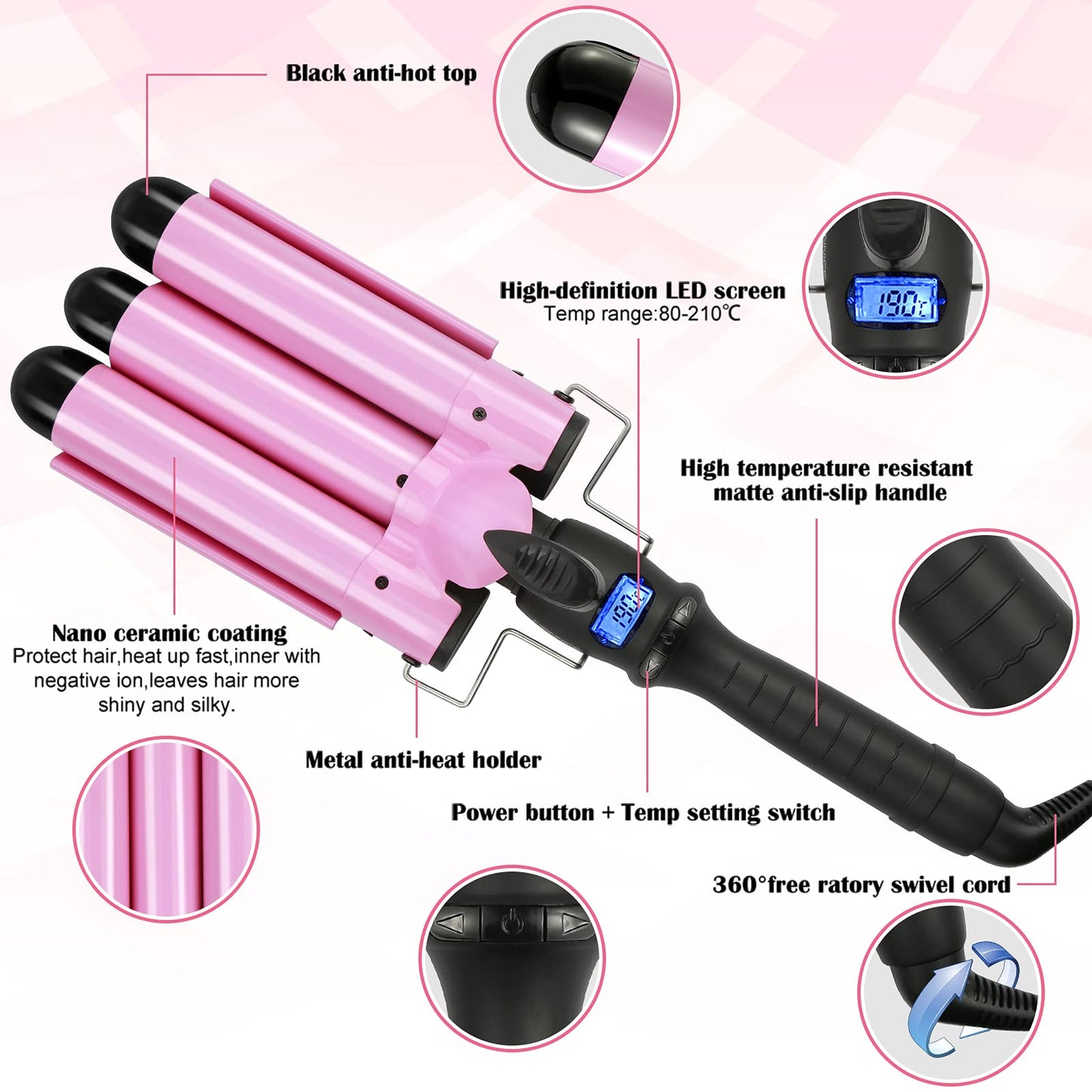 Professional Hair Waver 3 Barrel Curling Iron 32mm Fast Heating Hair Crimper Iron Triple Hair Curler with LCD Display Temperature Adjustable Ceramic Beach Hair Waver Wand for Beachy (1.26Inch (32mm))