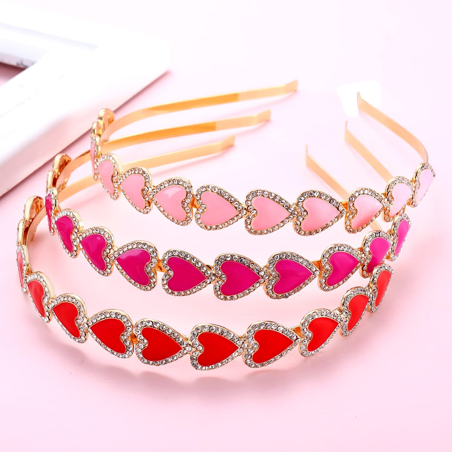 PHALIN 3PCS Valentine’s Day Heart Headbands for Women Glitter Rhinestone Heart Hairbands Sweet Love Heart Hair Hoop Festive Hair Accessory Gifts(3PCS Rhinestone Headband)