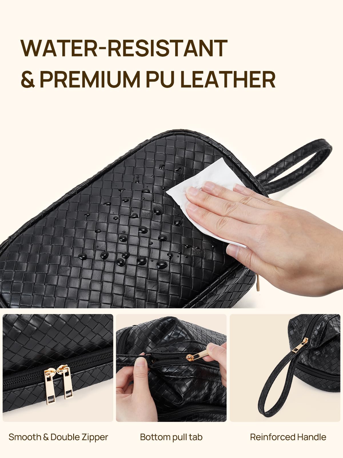 Telena Makeup Bag Large Capacity Travel Cosmetic Bags Double Layer Portable Leather Make Up Bag for Women (Black - Woven)