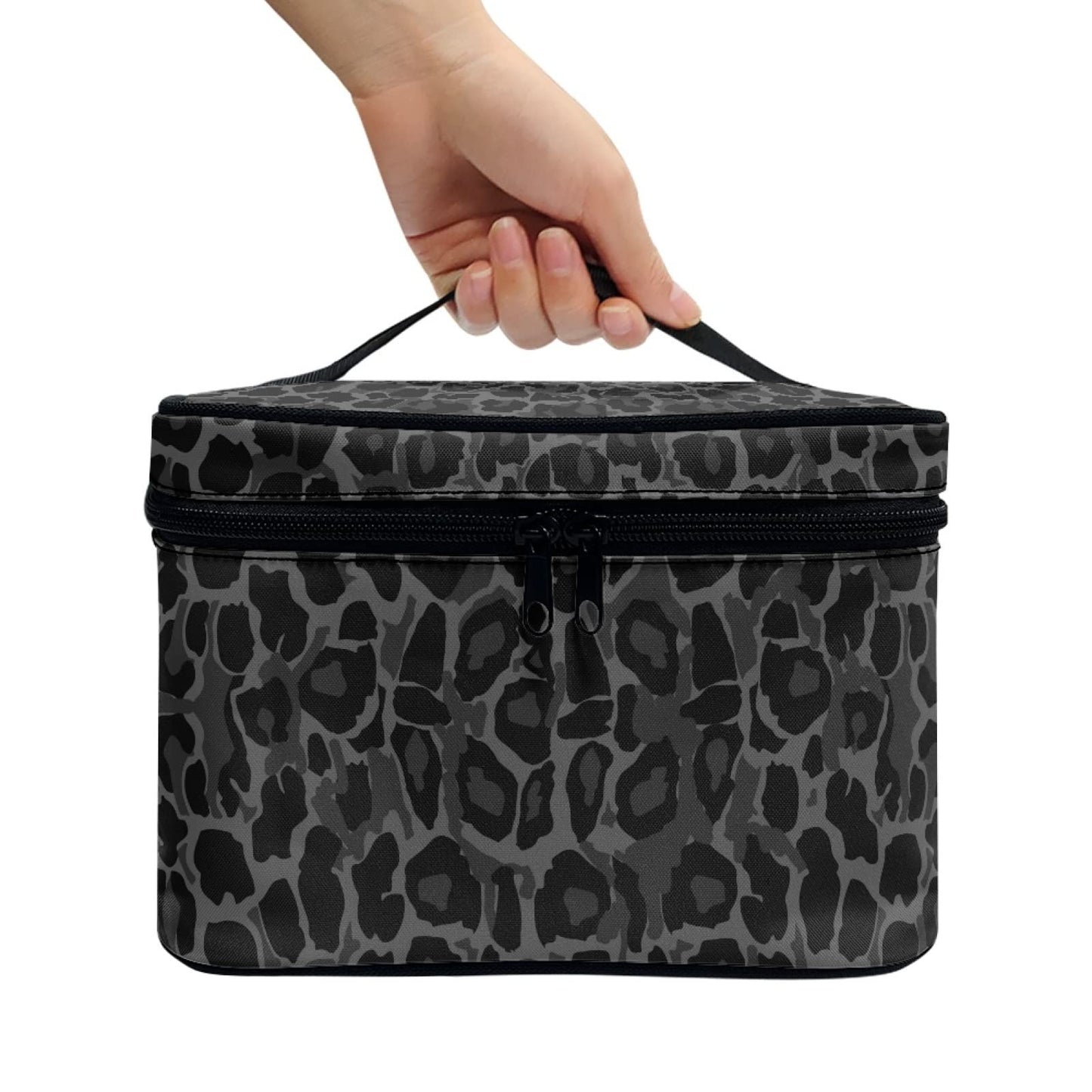 Horeset Black Leopard Print Makeup Bag Cosmetic Organizer Storage Pouch Purse Zipper Toiletry Bag with Handle and Inside Pocket