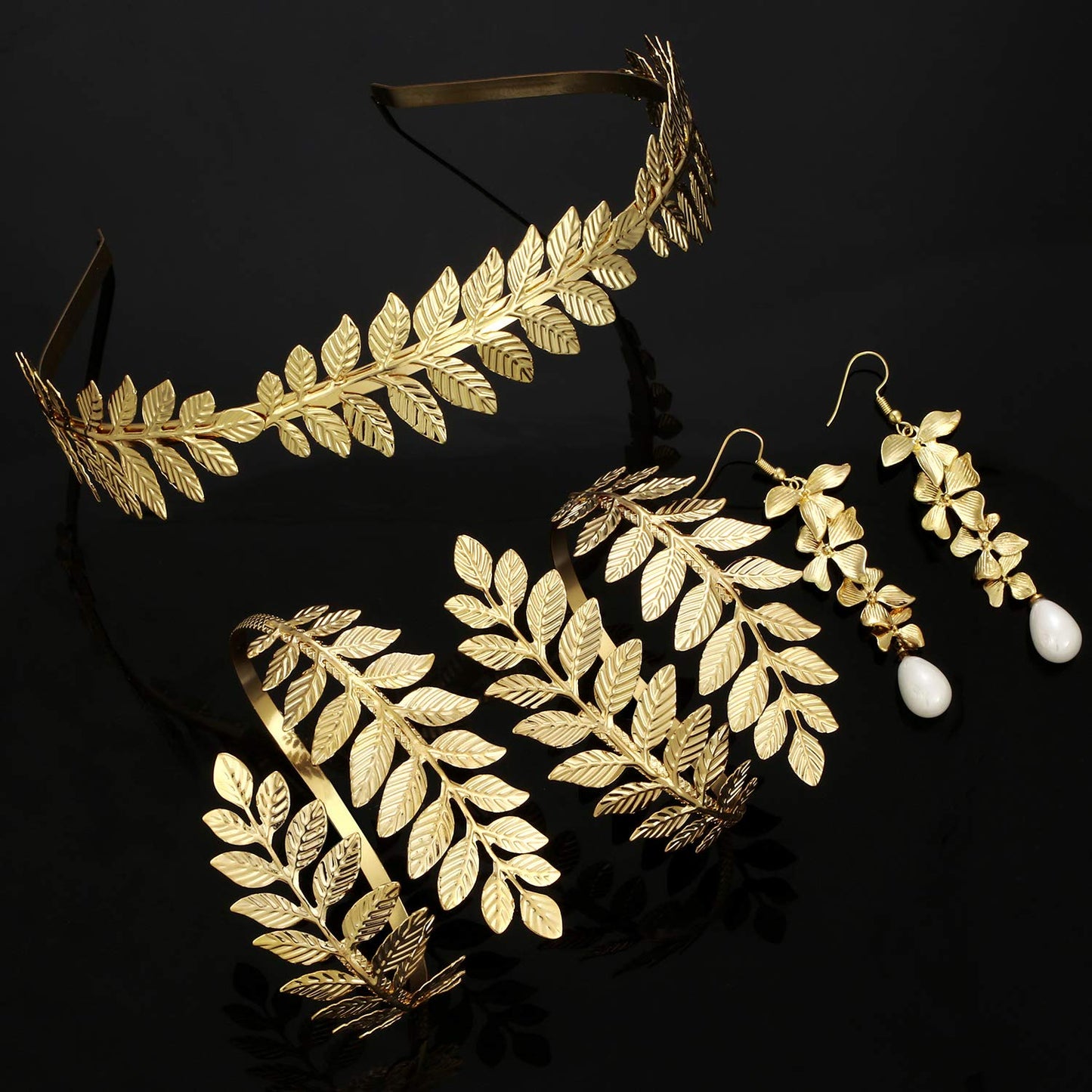 WILLBOND 15 Pieces Greek Goddess Costume Accessories Women Toga Golden Leaves Bridal Crown Headband Bracelet Pearl Earrings and Hair Pins (Classic Style)