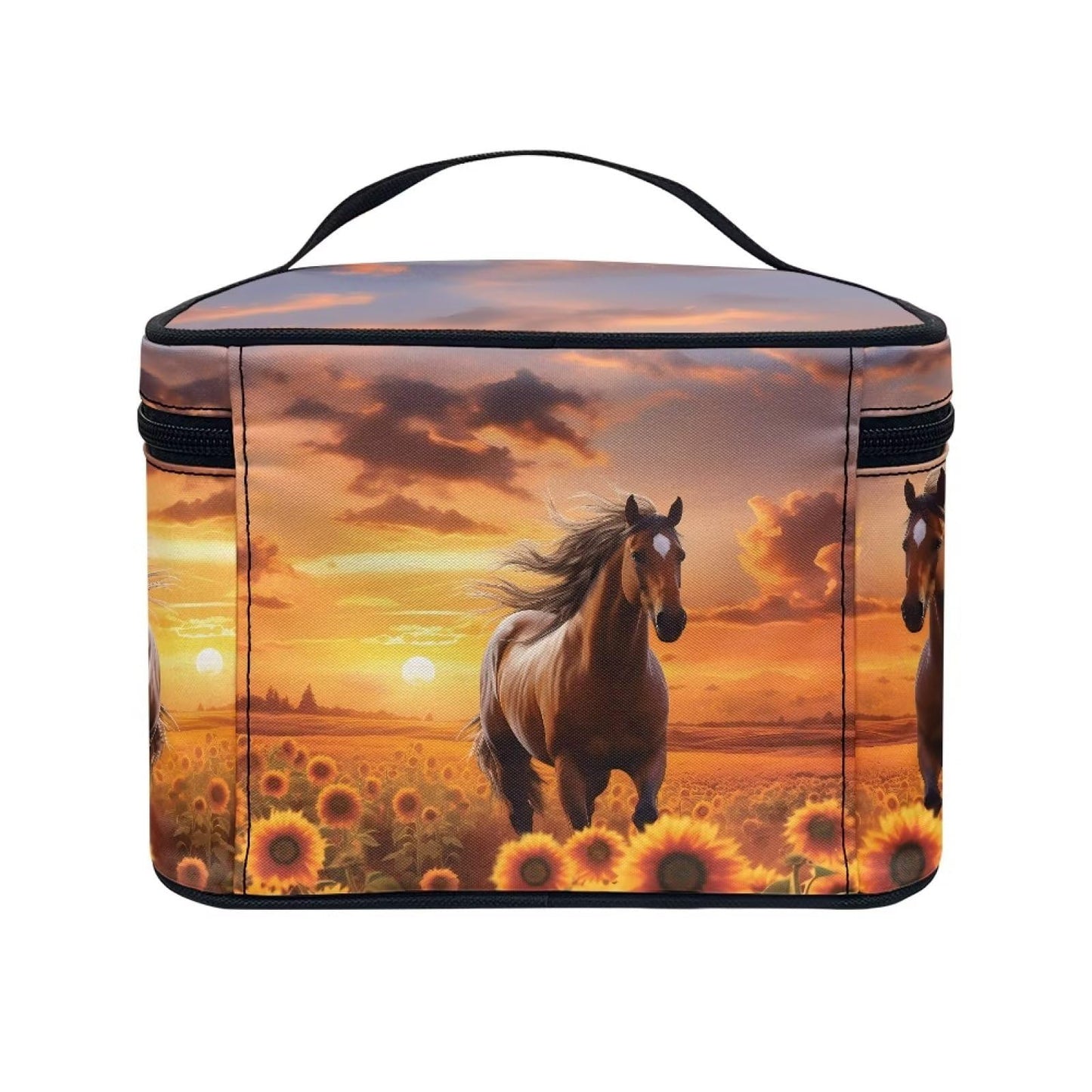 doginthehole Horse Sunset Cosmetic Bag Make Up Travel Bag for Women Sunflower Toiletry Bag Zipper Traveling Organizer Bag Large Portable Cosmetic Brush Bag with Handle