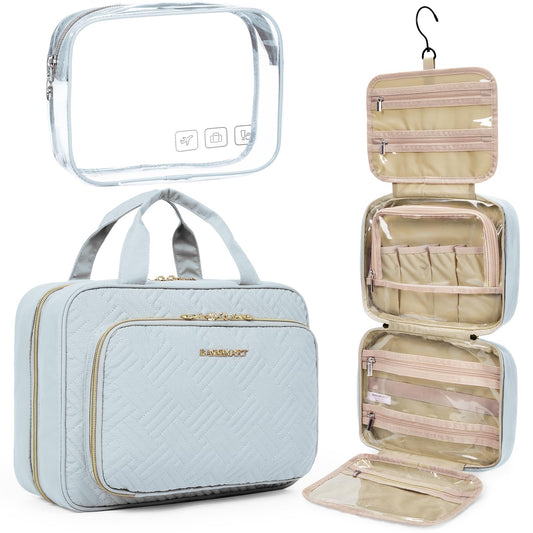 BAGSMART Toiletry Bag Hanging Travel Makeup Organizer with TSA Approved Transparent Cosmetic Bag Makeup Bag for Full Sized Toiletries, Large-Light Blue