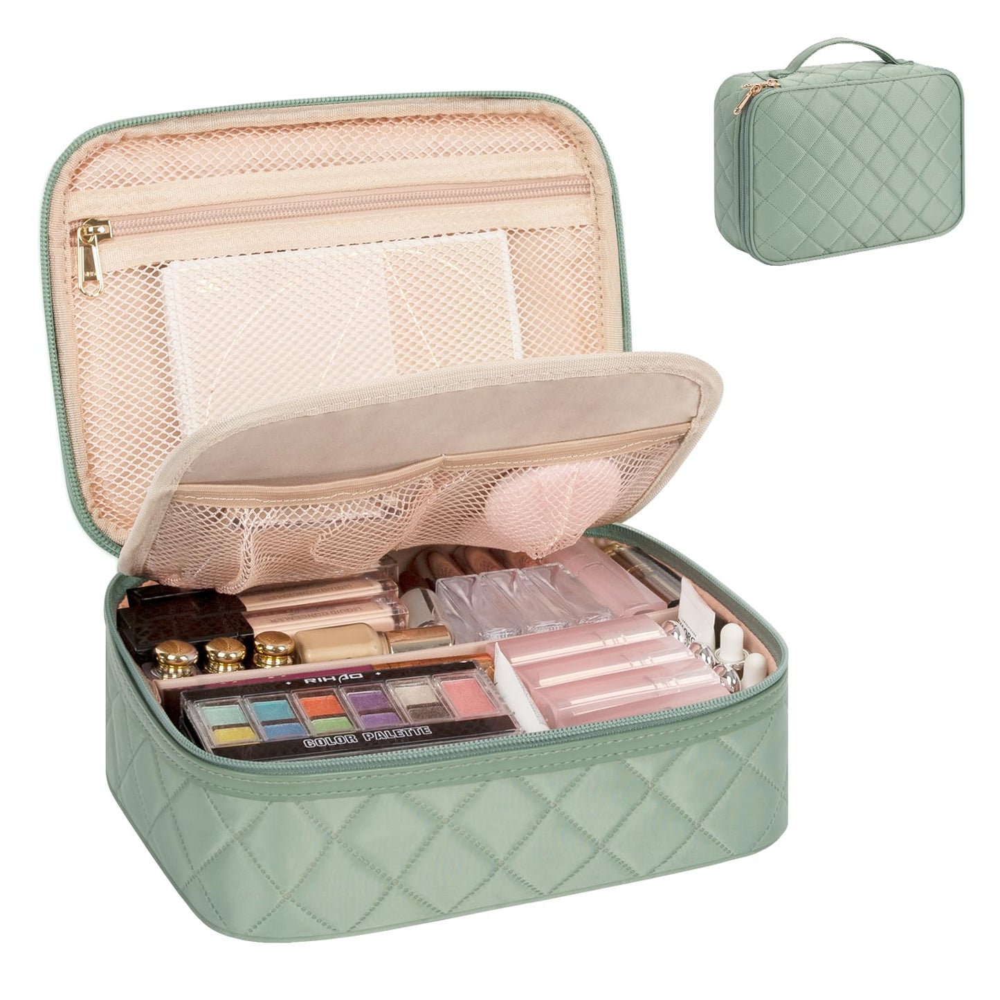 Makeup Bag, Potable Make up Bag Cute Makeup Organizer Bag for Toiletry Cosmetics Accessories with Divider and Brushes Compartments, Makeup Travel Case Cosmetic Bags Women and Girls- Nylon Green