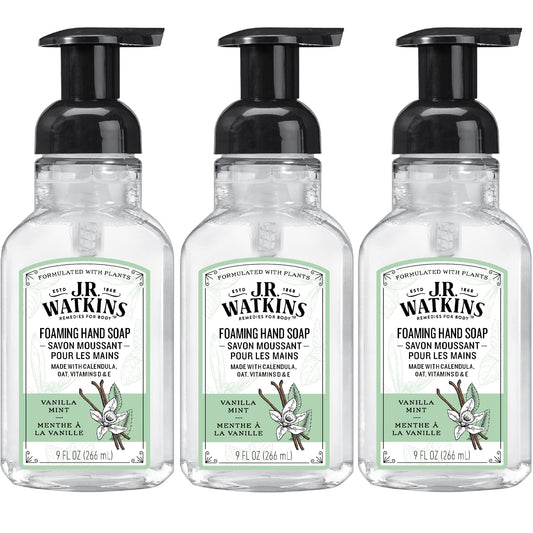 J.R. Watkins Foaming Hand Soap Pump with Dispenser, Moisturizing All Natural Hand Soap Foam, Alcohol-Free, Cruelty-Free, USA Made, Use as Kitchen or Bathroom Soap, Vanilla Mint, 9 fl oz, 3 Pack