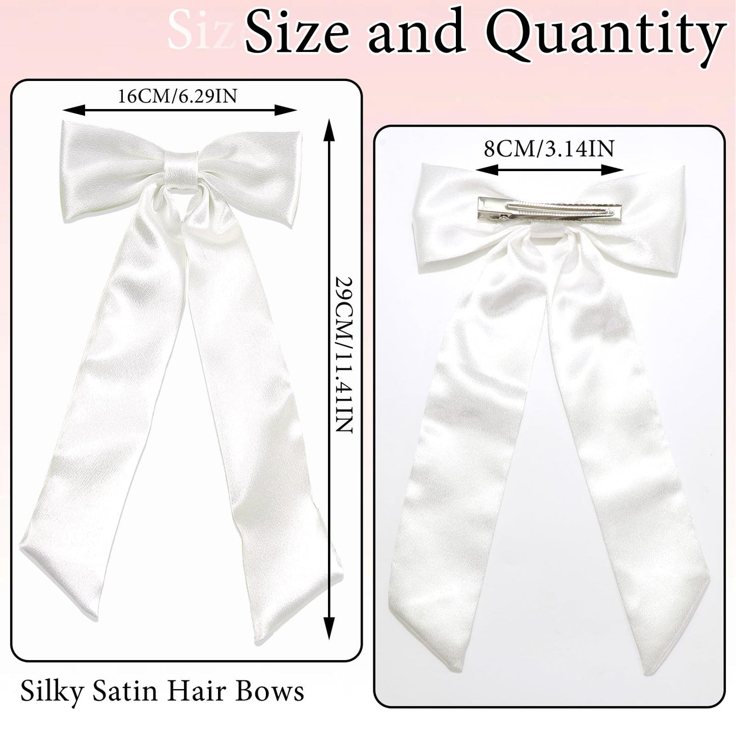 SAWINDA Solid Silky Satin Hair Bows for Women Wedding Party Pink Bow Hair Ribbon Clip with Long Tail White Hair Ribbon Ponytail Holder Accessories Slides Metal Clips Hair Bow for Women Girls