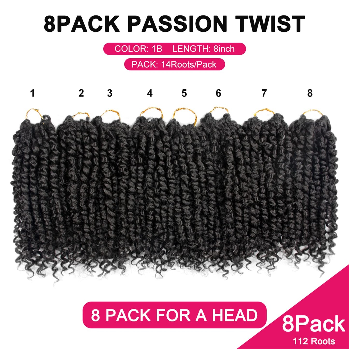 Passion Twist Hair - 8 Packs 8 Inch Passion Twist Crochet Hair For Women, Crochet Pretwisted Curly Hair Passion Twists Synthetic Braiding Hair Extensions(8 Inch 8 Packs, 1B)