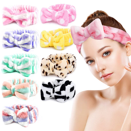 Spa Headbands, Coral Fleece Makeup Headband Cosmetic Headband, Lovely Face Washing Headband Shower Headbands Headwraps, Soft Bowknot Spa Hair Band Spa Birthday Party Supplies (9 Colors)