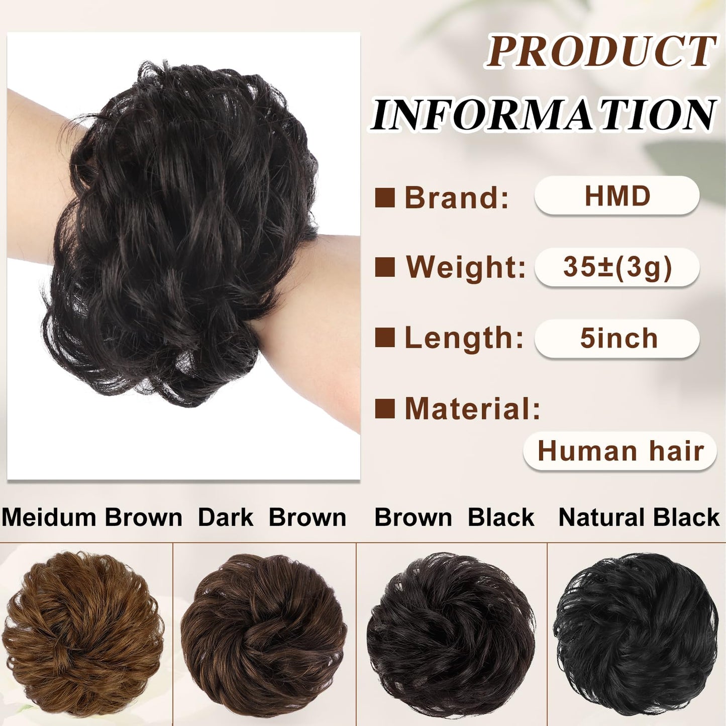 HMD 100% Human Hair Bun Messy Bun Extensions Human Hair Messy Rose Bun Hair Piece Curly Hair Bun with Elastic Band Hair Bun Hair Extensions Tousled Updo Hairpieces for Women(Brown Black)