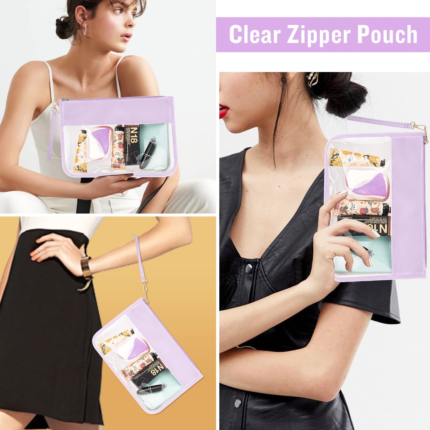 izuzta Clear PVC Flat Pouch, PU Travel Makeup Bag Clear Zipper Pouch with Wristlet, DIY Chenille Letter Bag Waterproof Portable Clear Travel Toiletry Bag Cosmetic Pouch for Women Girls (Purple)